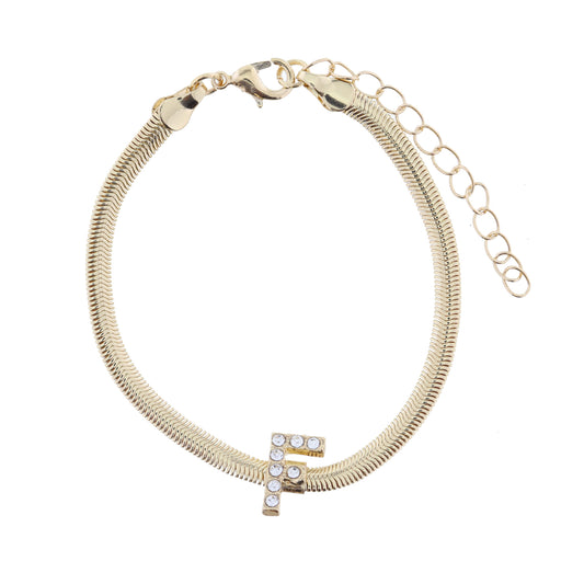Shiny Gold Snake Chain with Clear Crystal "F" Station Bracelet