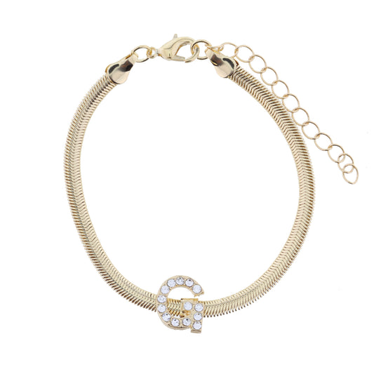 Shiny Gold Snake Chain with Clear Crystal "G" Station Bracelet