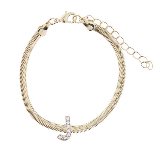 Shiny Gold Snake Chain with Clear Crystal "J" Station Bracelet