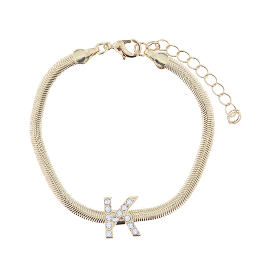 Shiny Gold Snake Chain with Clear Crystal "K" Station Bracelet