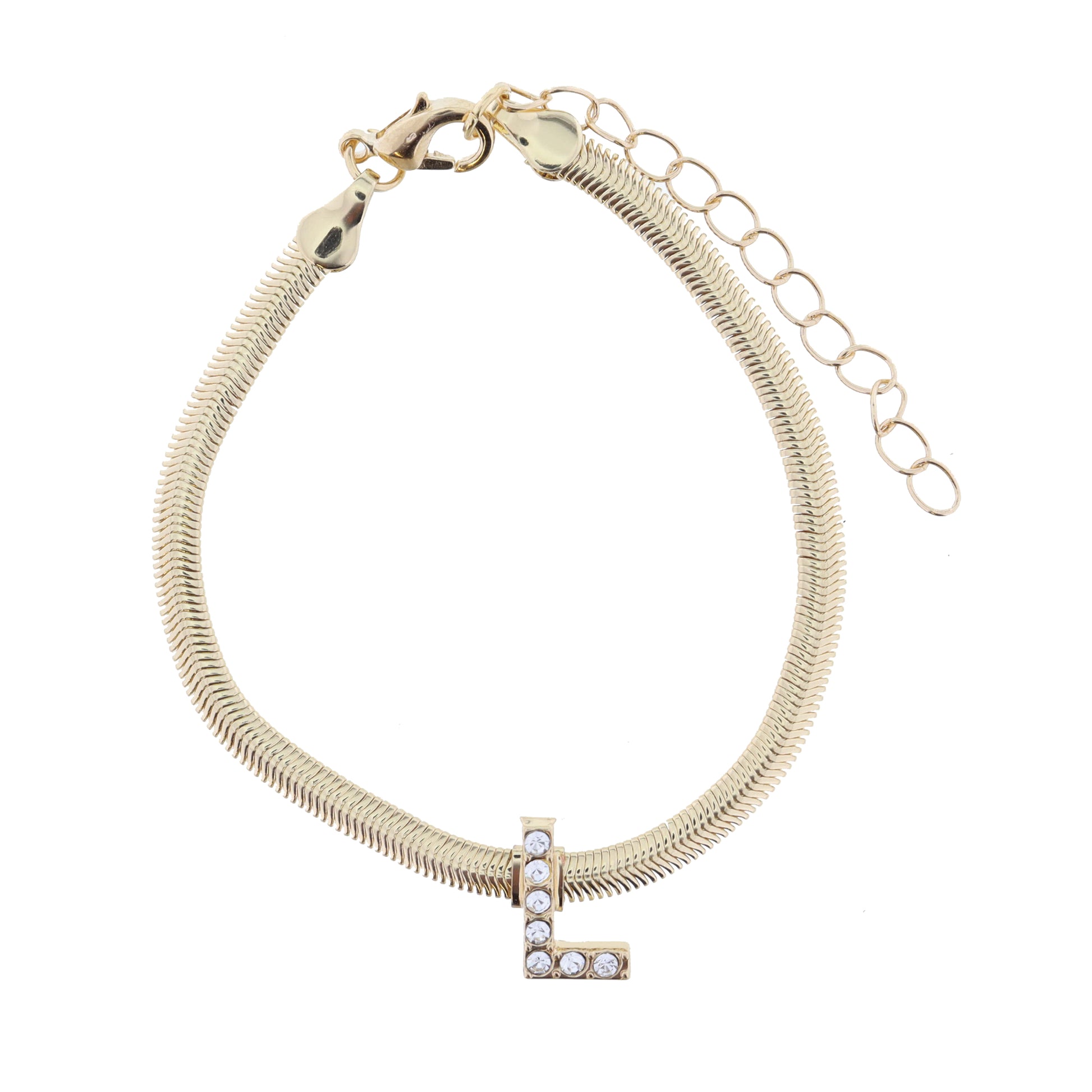 Shiny Gold Snake Chain with Clear Crystal "L" Station Bracelet