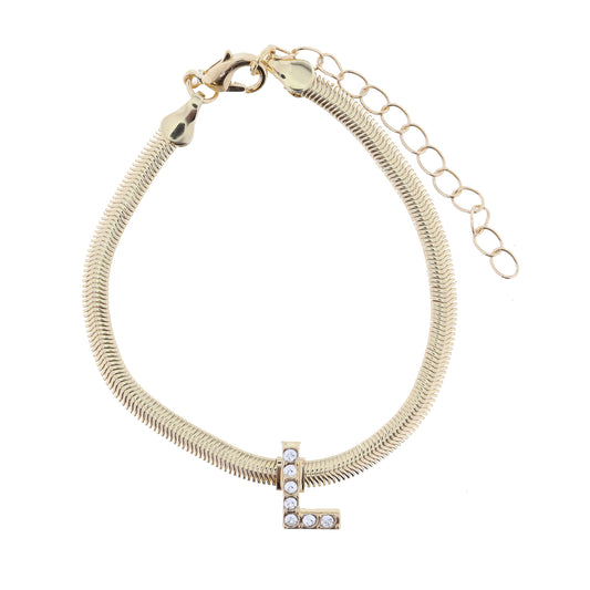 Shiny Gold Snake Chain with Clear Crystal "L" Station Bracelet