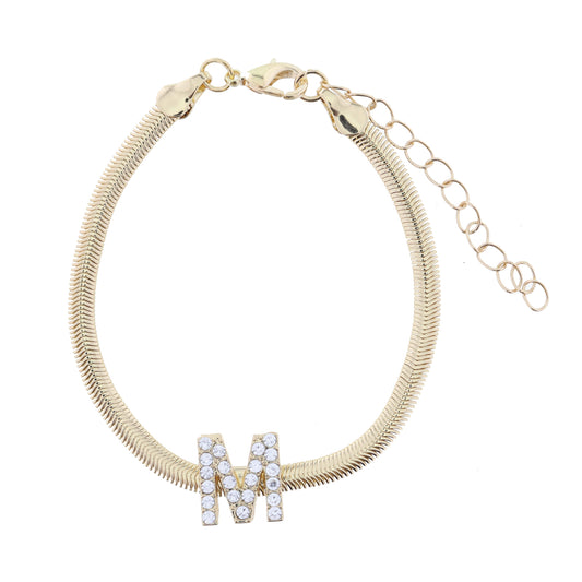 Shiny Gold Snake Chain with Clear Crystal "M" Station Bracelet