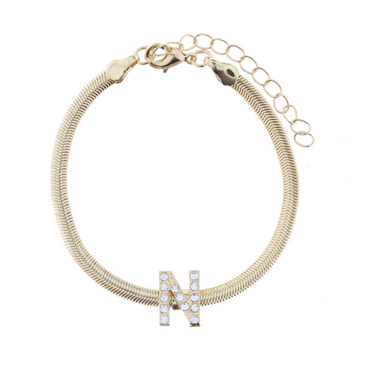Shiny Gold Snake Chain with Clear Crystal "N" Station Bracelet