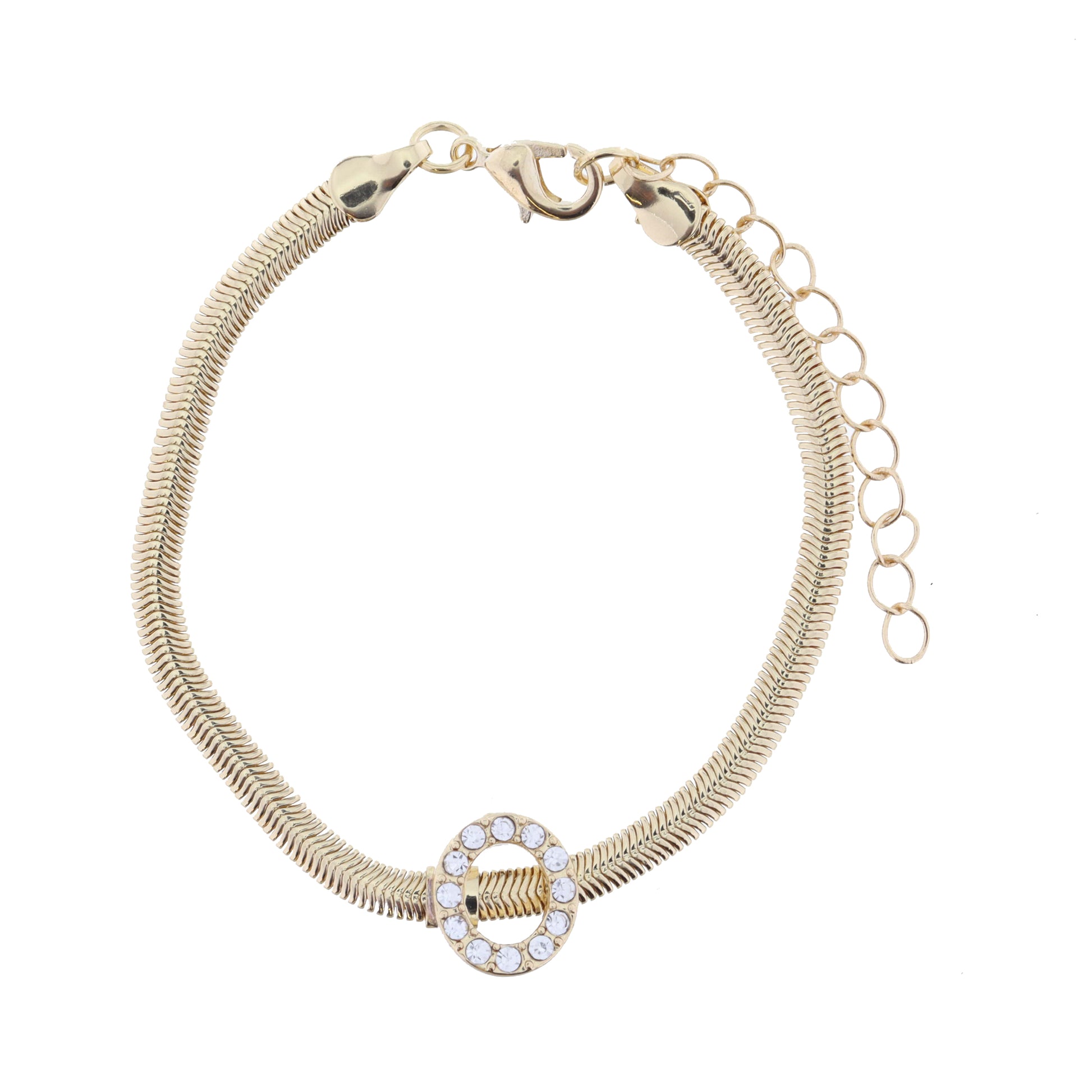 Shiny Gold Snake Chain with Clear Crystal "O" Station Bracelet