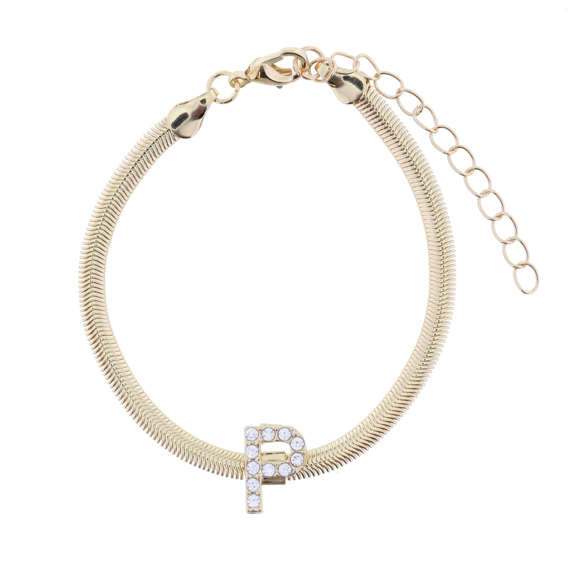 Shiny Gold Snake Chain with Clear Crystal "P" Station Bracelet