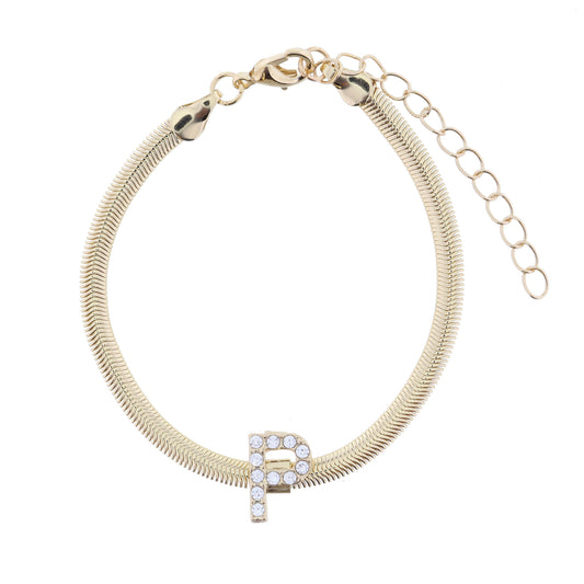 Shiny Gold Snake Chain with Clear Crystal "P" Station Bracelet