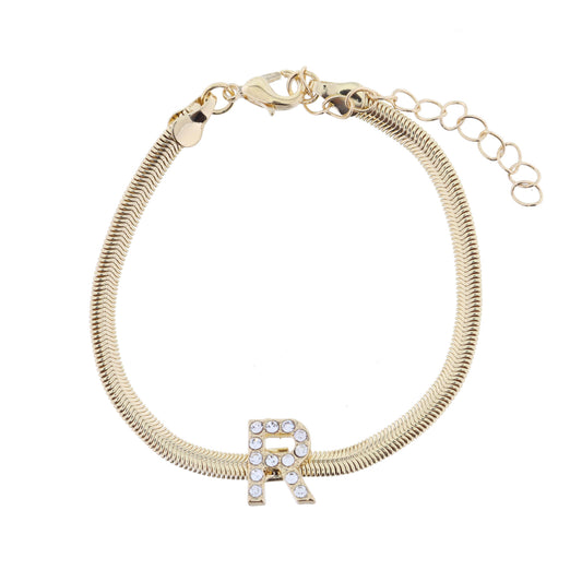 Shiny Gold Snake Chain with Clear Crystal "R" Station Bracelet