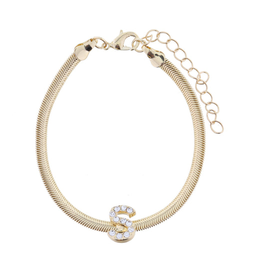 Shiny Gold Snake Chain with Clear Crystal "S" Station Bracelet