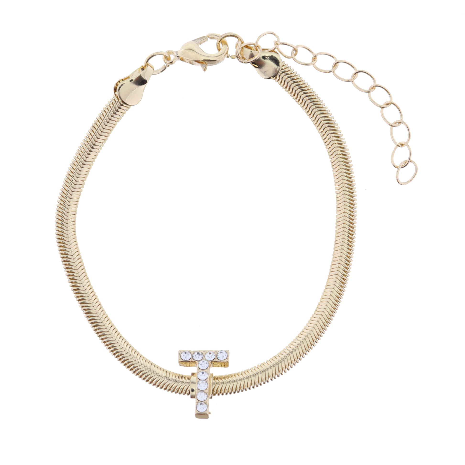 Shiny Gold Snake Chain with Clear Crystal "T" Station Bracelet