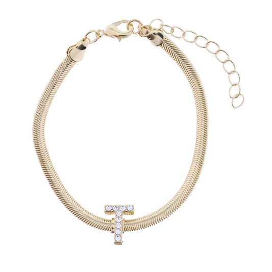 Shiny Gold Snake Chain with Clear Crystal "T" Station Bracelet