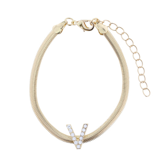 Shiny Gold Snake Chain with Clear Crystal "V" Station Bracelet