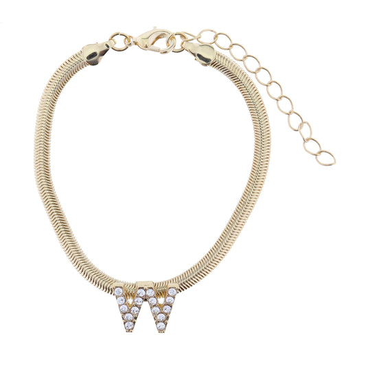Shiny Gold Snake Chain with Clear Crystal "W" Station Bracelet