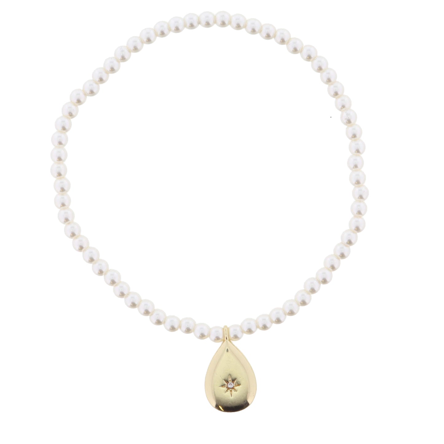Pearl Beaded and Gold Teardrop with Center Crystal Bracelet