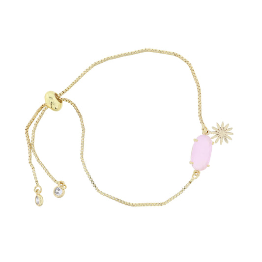 Pink Oval Crystal with Mini Gold Flower Charm Bracelet