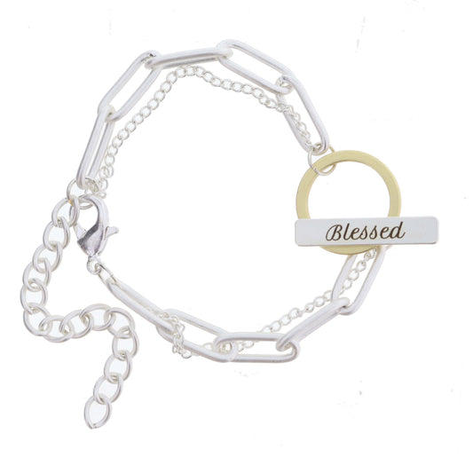 2 Strand, Silver Chains with Gold and Silver "Blessed" Toggle Bracelet