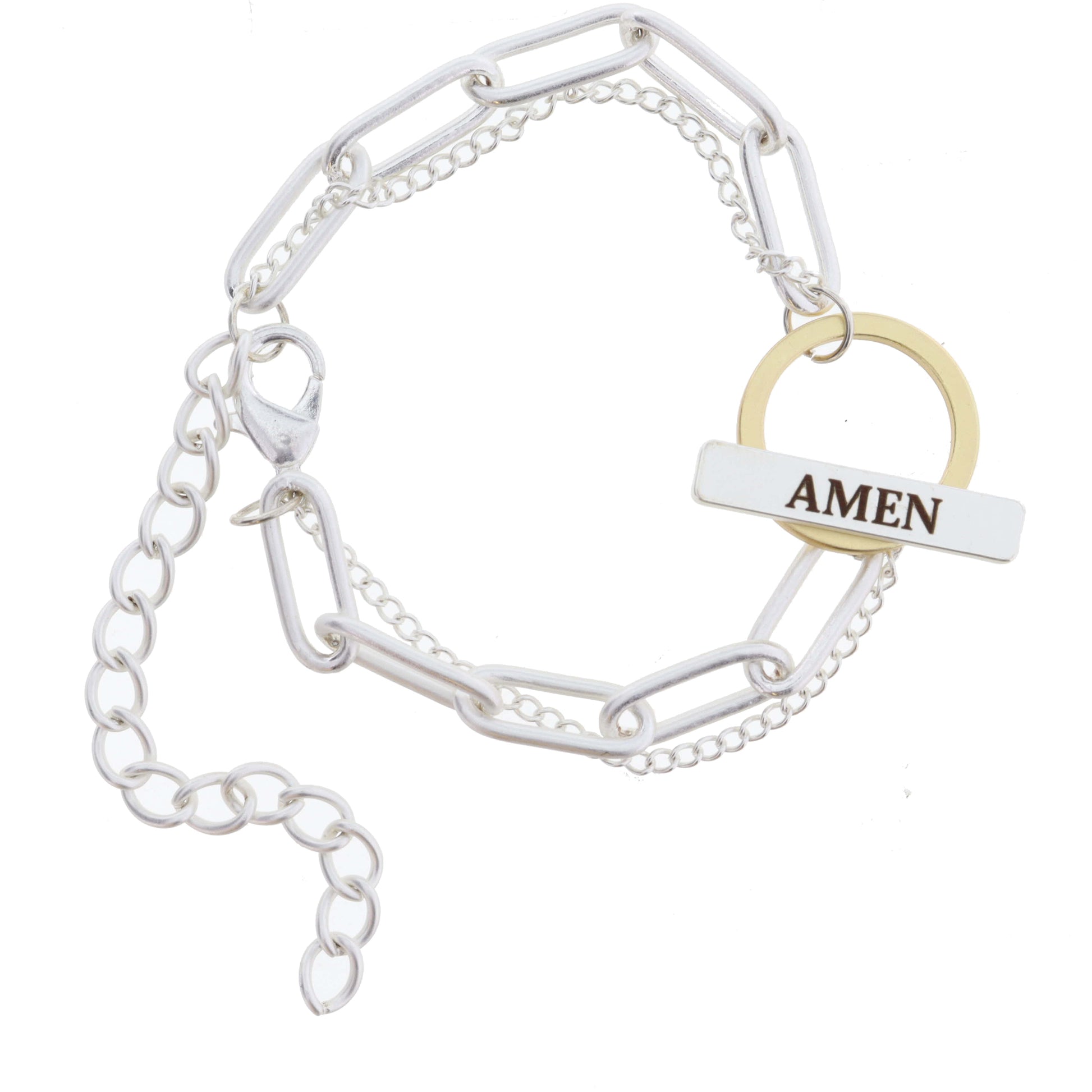2 Strand, Silver Chains with Gold and Silver "AMEN" Toggle Bracelet