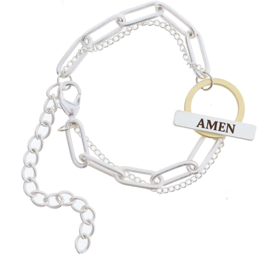 2 Strand, Silver Chains with Gold and Silver "AMEN" Toggle Bracelet