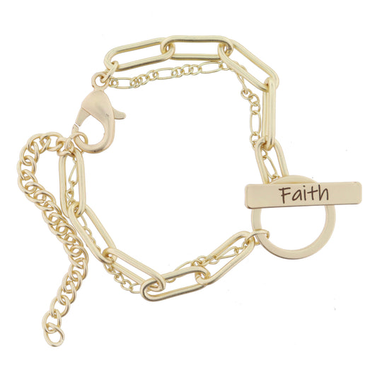 2 Strand, Gold Chains with Gold "Faith" Toggle Bracelet