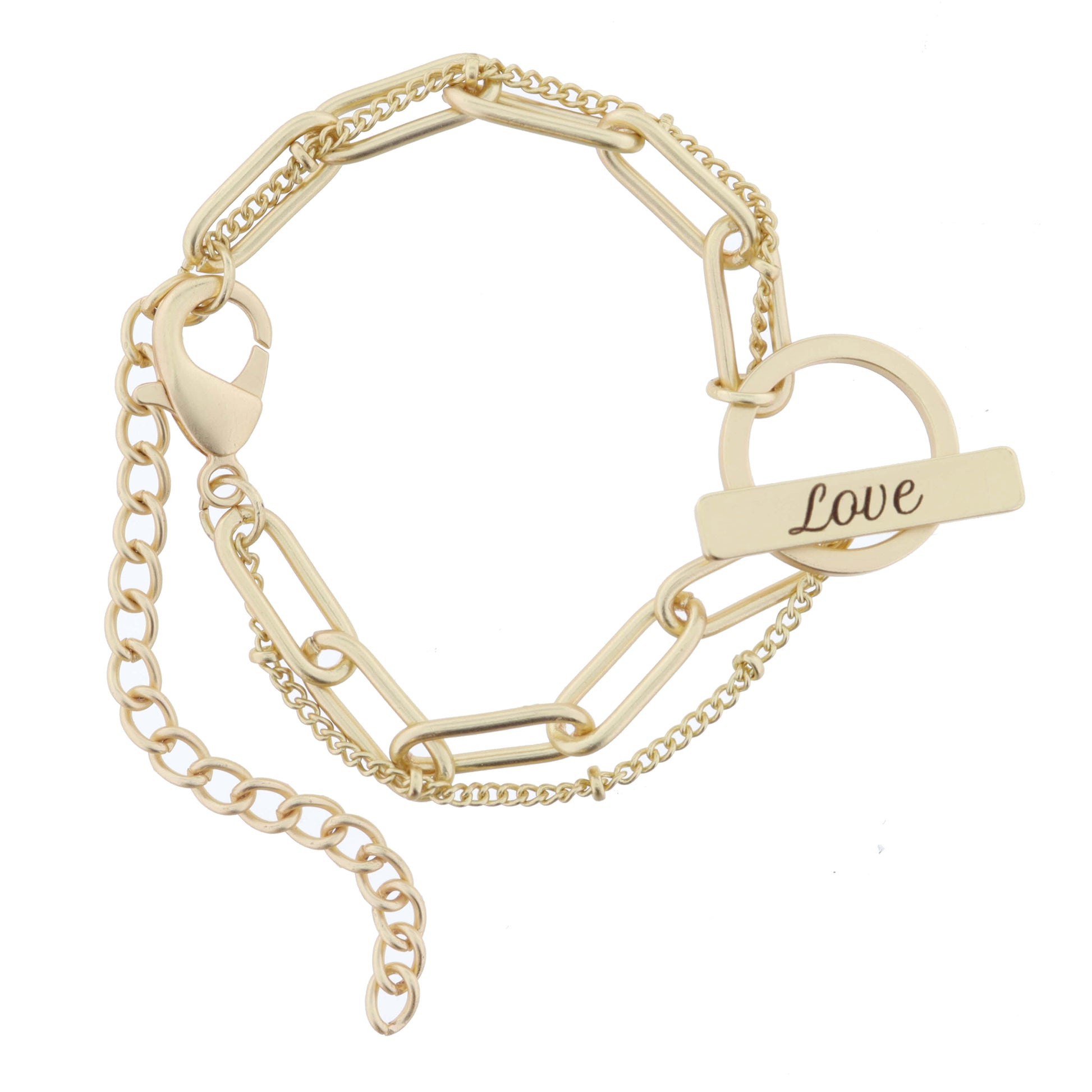 2 Strand, Gold Chains with Gold "Love" Toggle Bracelet