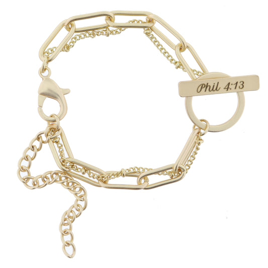 2 Strand, Gold Chains with Gold "Phil 4:13" Toggle Bracelet