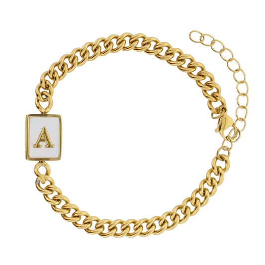 Gold Rectangle with Shell Inlay and Gold "A" Initial Center Bracelet