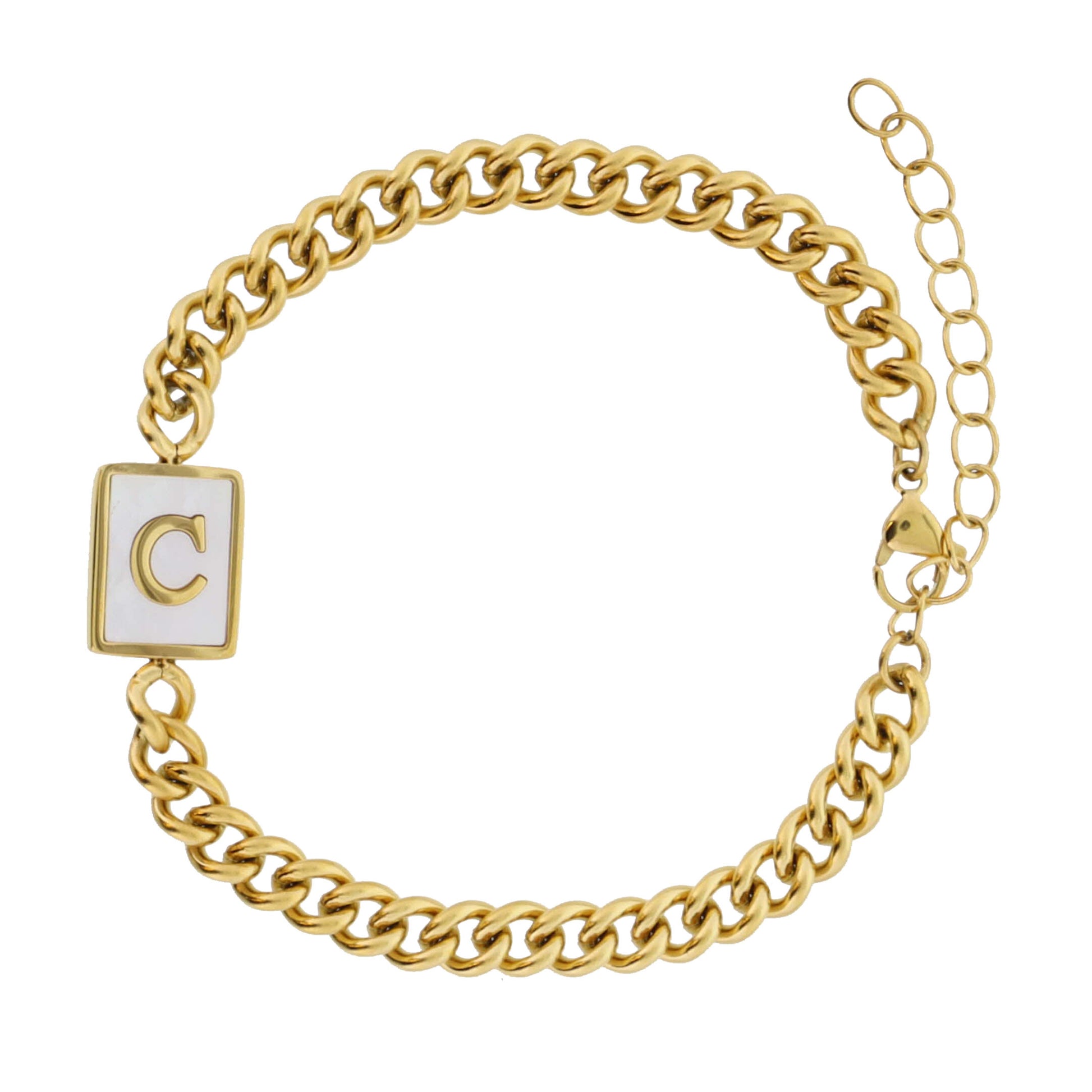 Gold Rectangle with Shell Inlay and Gold "C" Initial Center Bracelet