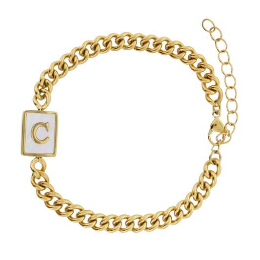 Gold Rectangle with Shell Inlay and Gold "C" Initial Center Bracelet