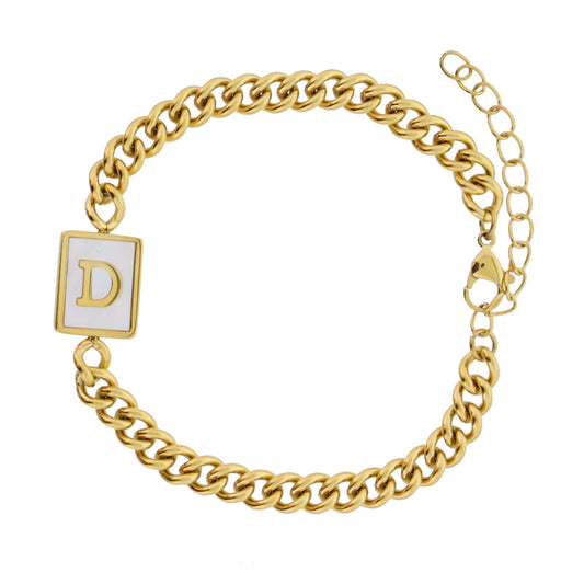 Gold Rectangle with Shell Inlay and Gold "D" Initial Center Bracelet