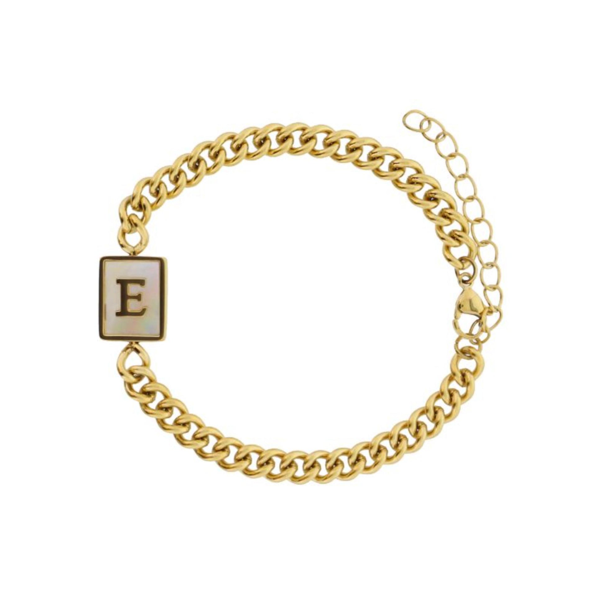 Gold Rectangle with Shell Inlay and Gold "E" Initial Center Bracelet