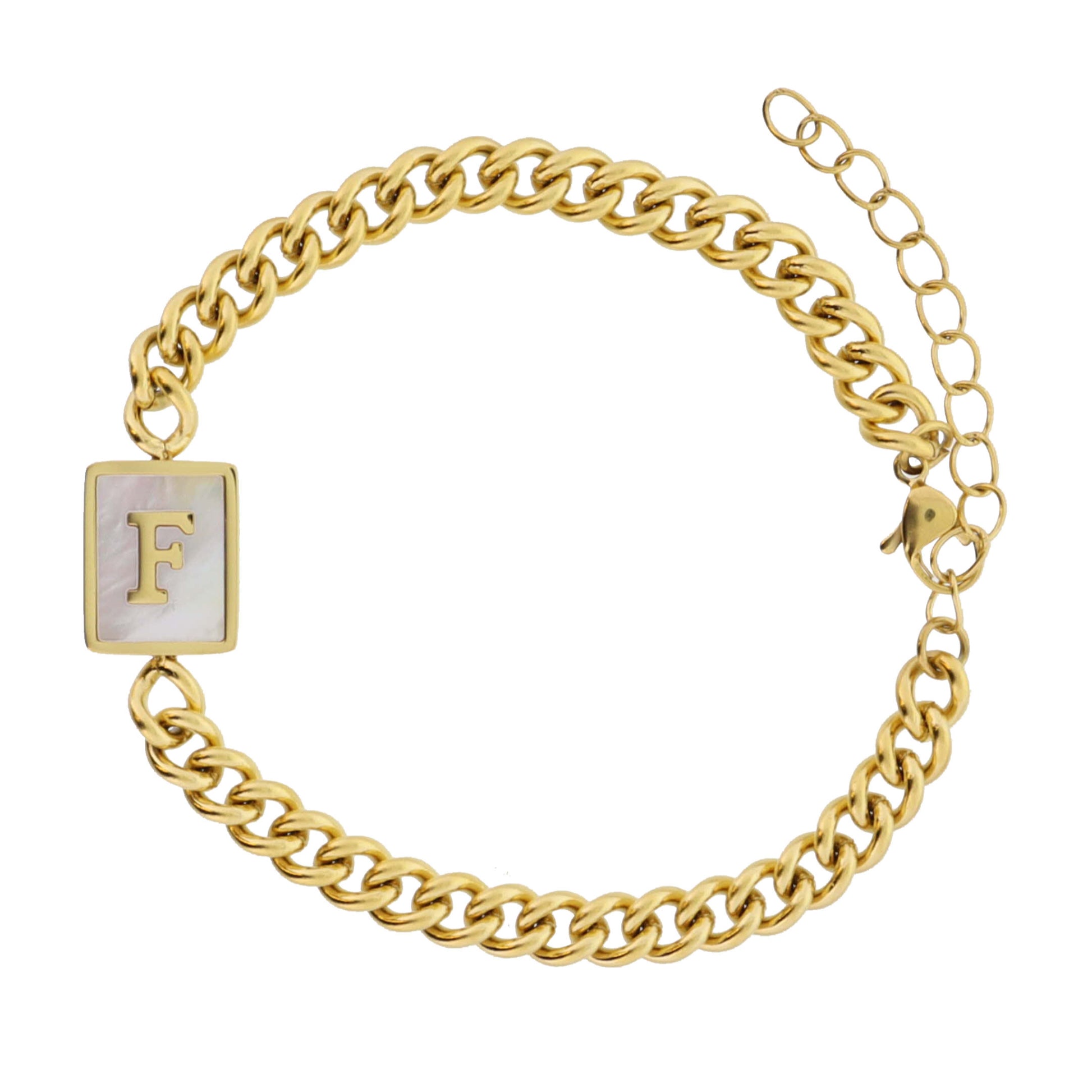 Gold Rectangle with Shell Inlay and Gold "F" Initial Center Bracelet
