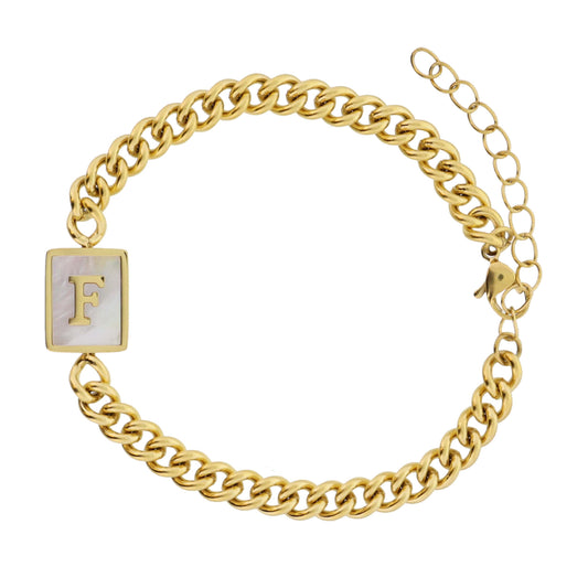Gold Rectangle with Shell Inlay and Gold "F" Initial Center Bracelet