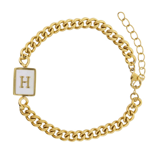 Gold Rectangle with Shell Inlay and Gold "H" Initial Center Bracelet