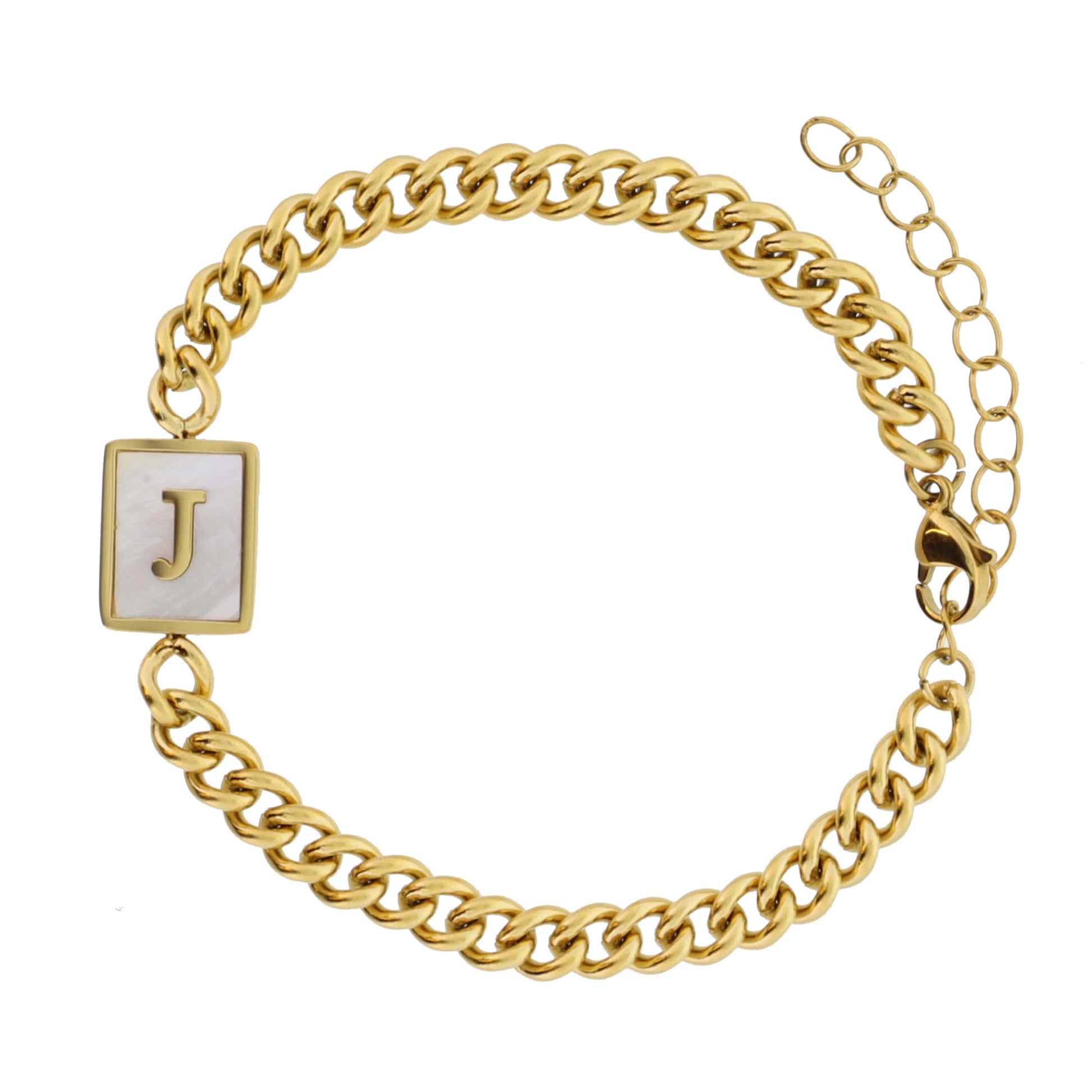 Gold Rectangle with Shell Inlay and Gold "J" Initial Center Bracelet