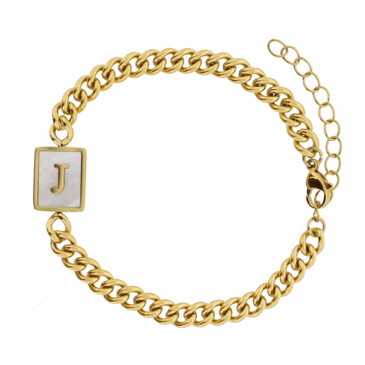 Gold Rectangle with Shell Inlay and Gold "J" Initial Center Bracelet