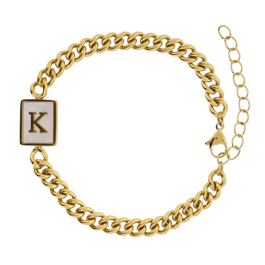 Gold Rectangle with Shell Inlay and Gold "K" Initial Center Bracelet