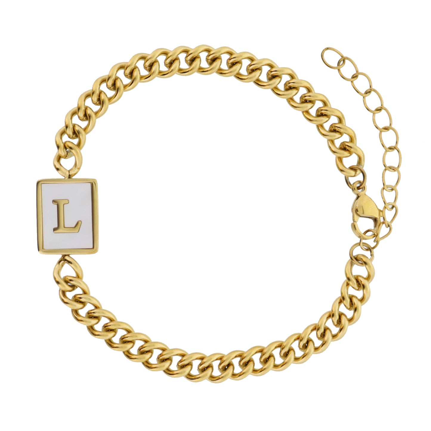 Gold Rectangle with Shell Inlay and Gold "L" Initial Center Bracelet