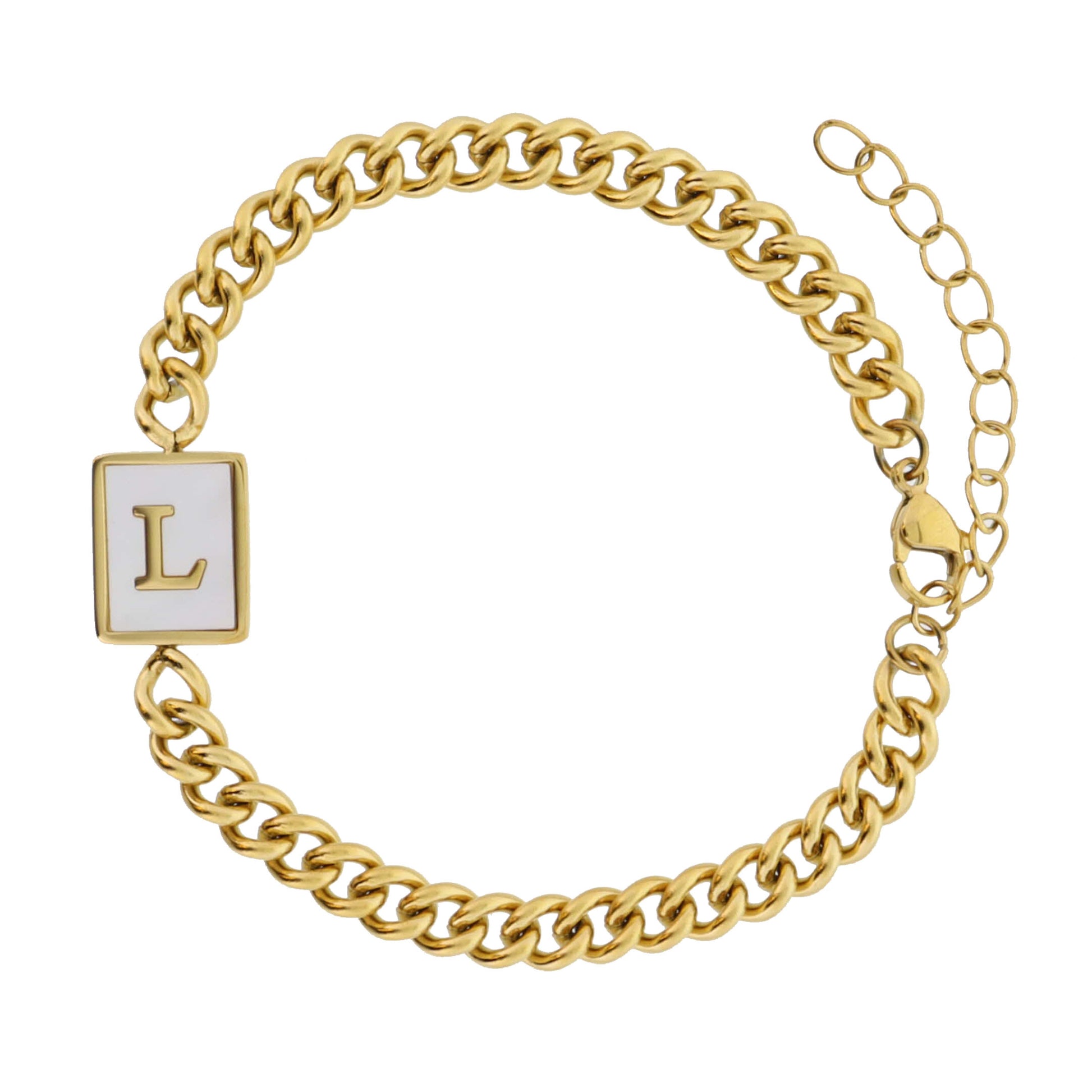 Gold Rectangle with Shell Inlay and Gold "L" Initial Center Bracelet