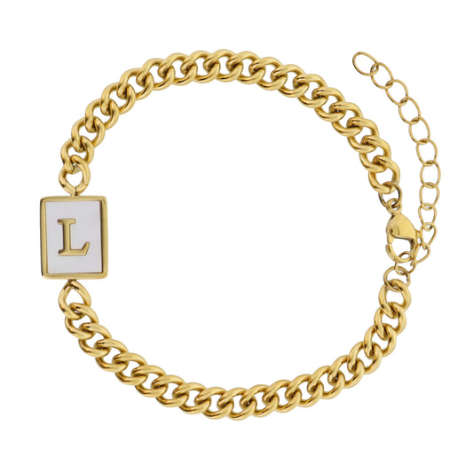 Gold Rectangle with Shell Inlay and Gold "L" Initial Center Bracelet