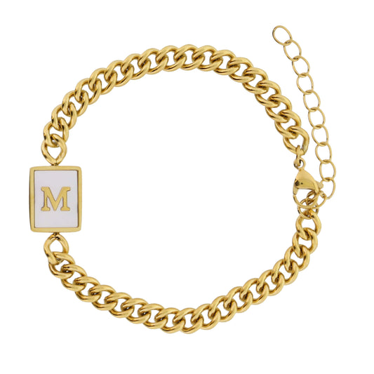 Gold Rectangle with Shell Inlay and Gold "M" Initial Center Bracelet