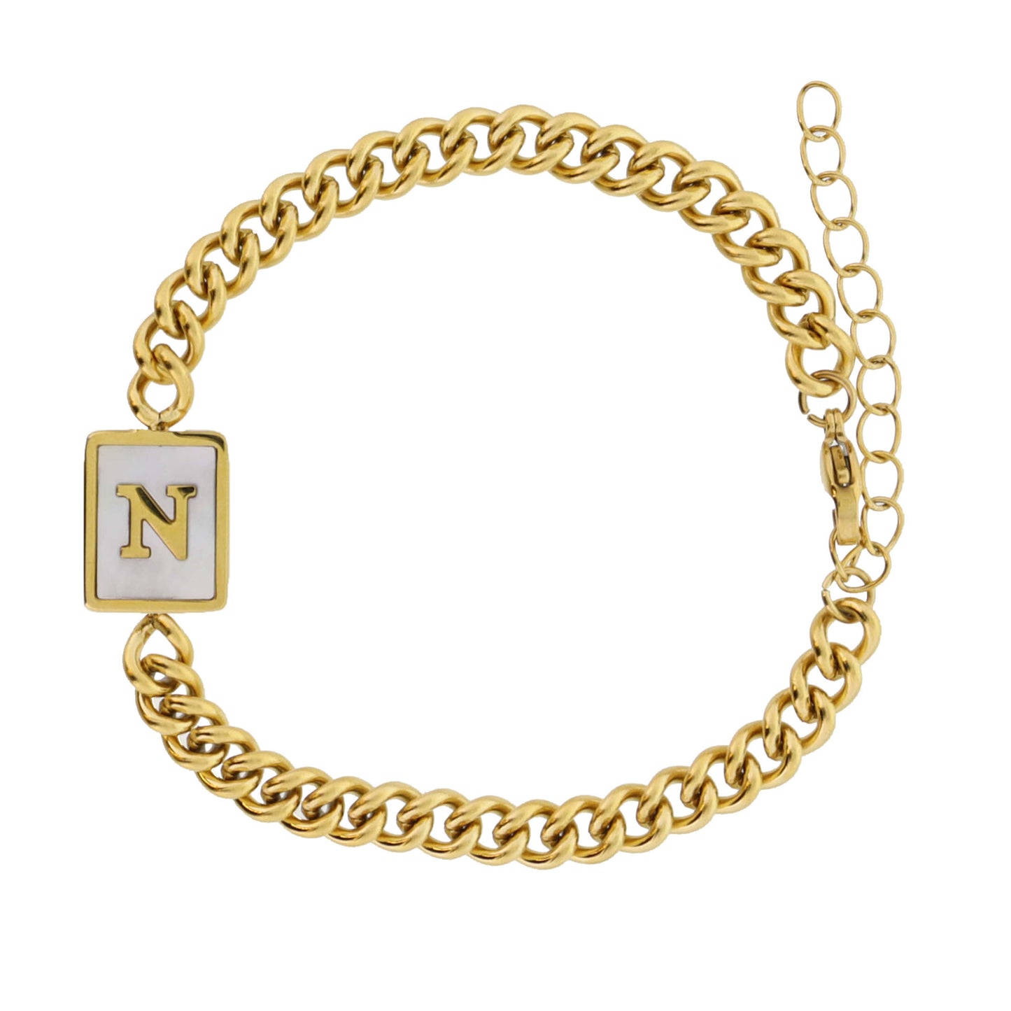 Gold Rectangle with Shell Inlay and Gold "N" Initial Center Bracelet