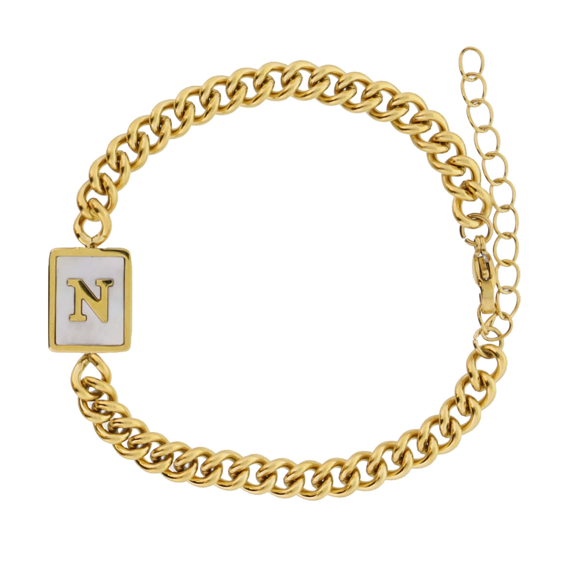 Gold Rectangle with Shell Inlay and Gold "N" Initial Center Bracelet