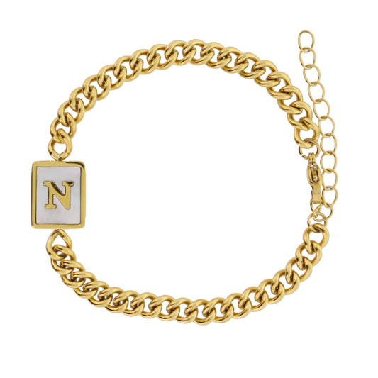 Gold Rectangle with Shell Inlay and Gold "N" Initial Center Bracelet