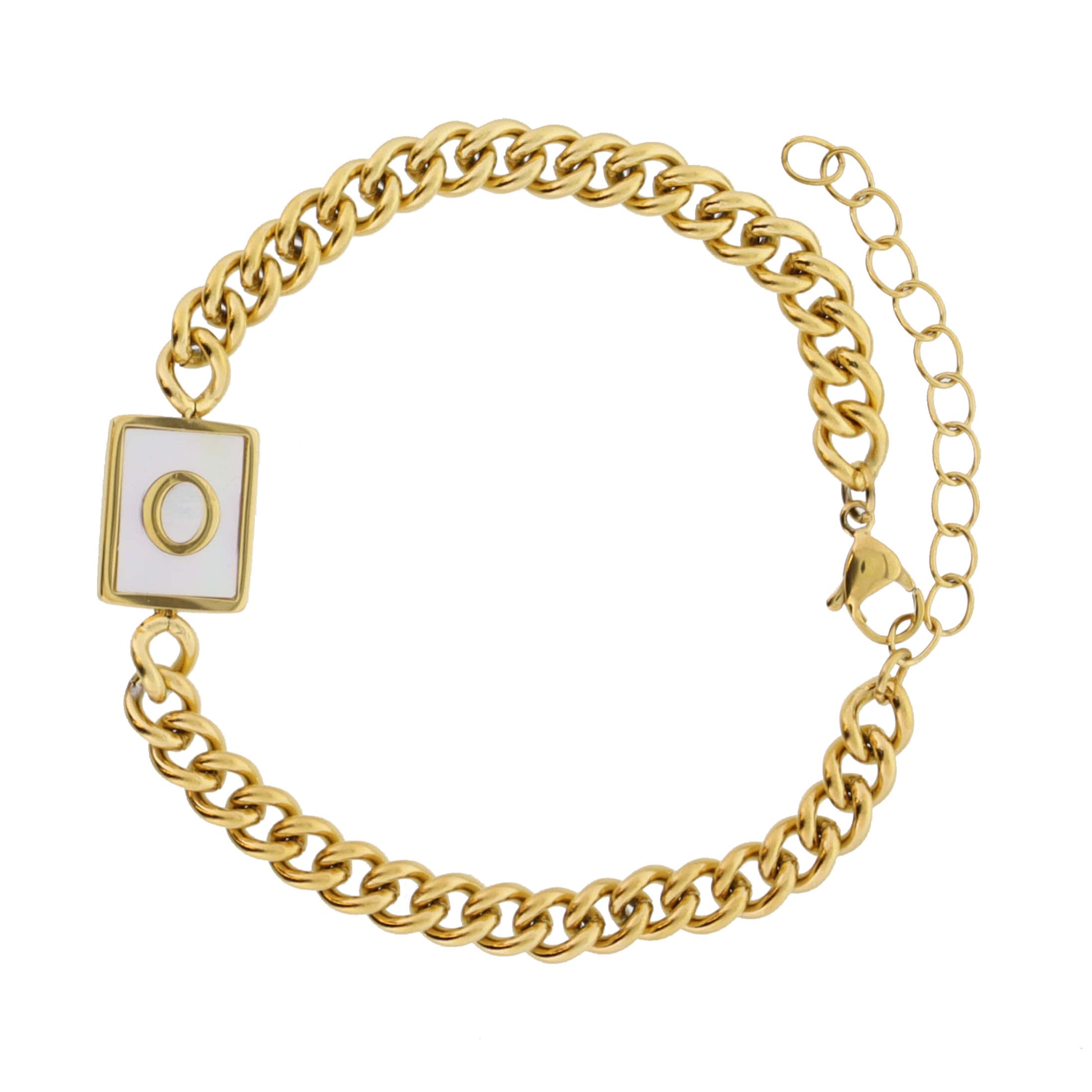 Gold Rectangle with Shell Inlay and Gold "O" Initial Center Bracelet