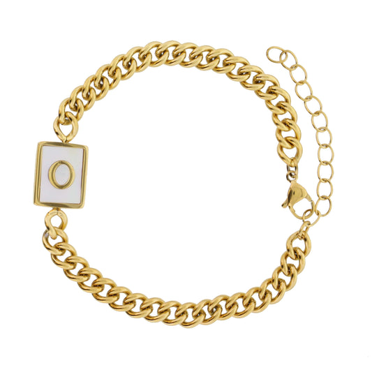 Gold Rectangle with Shell Inlay and Gold "O" Initial Center Bracelet