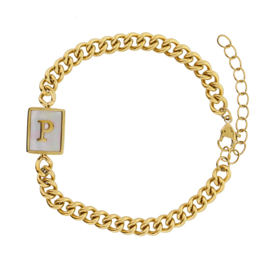 Gold Rectangle with Shell Inlay and Gold "P" Initial Center Bracelet