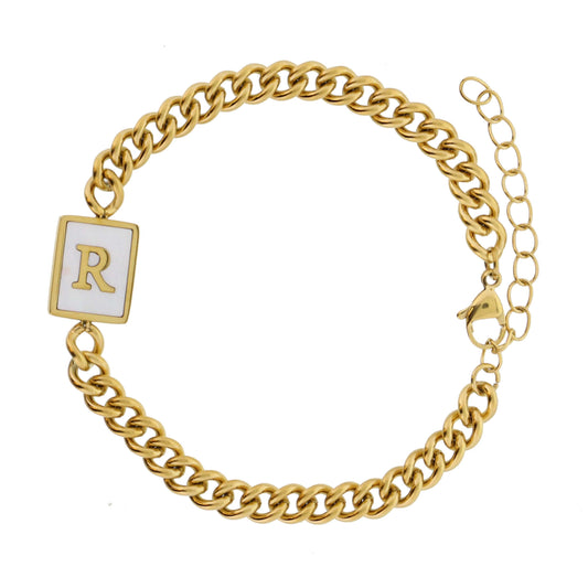 Gold Rectangle with Shell Inlay and Gold "R" Initial Center Bracelet