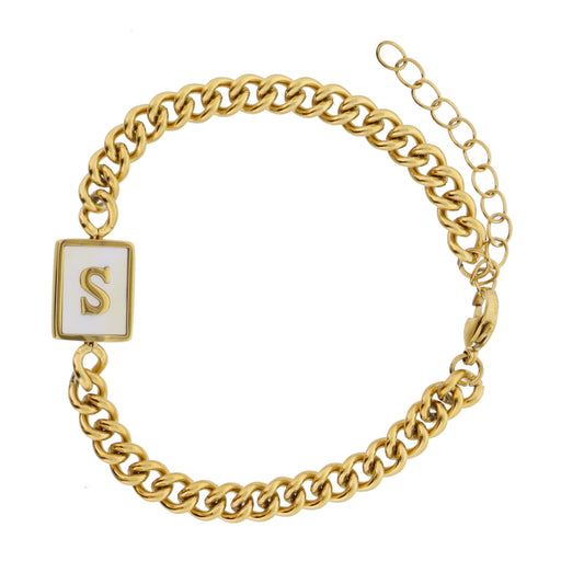 Gold Rectangle with Shell Inlay and Gold "S" Initial Center Bracelet