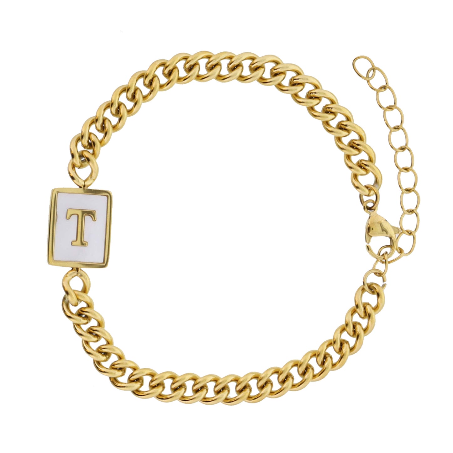 Gold Rectangle with Shell Inlay and Gold "T" Initial Center Bracelet