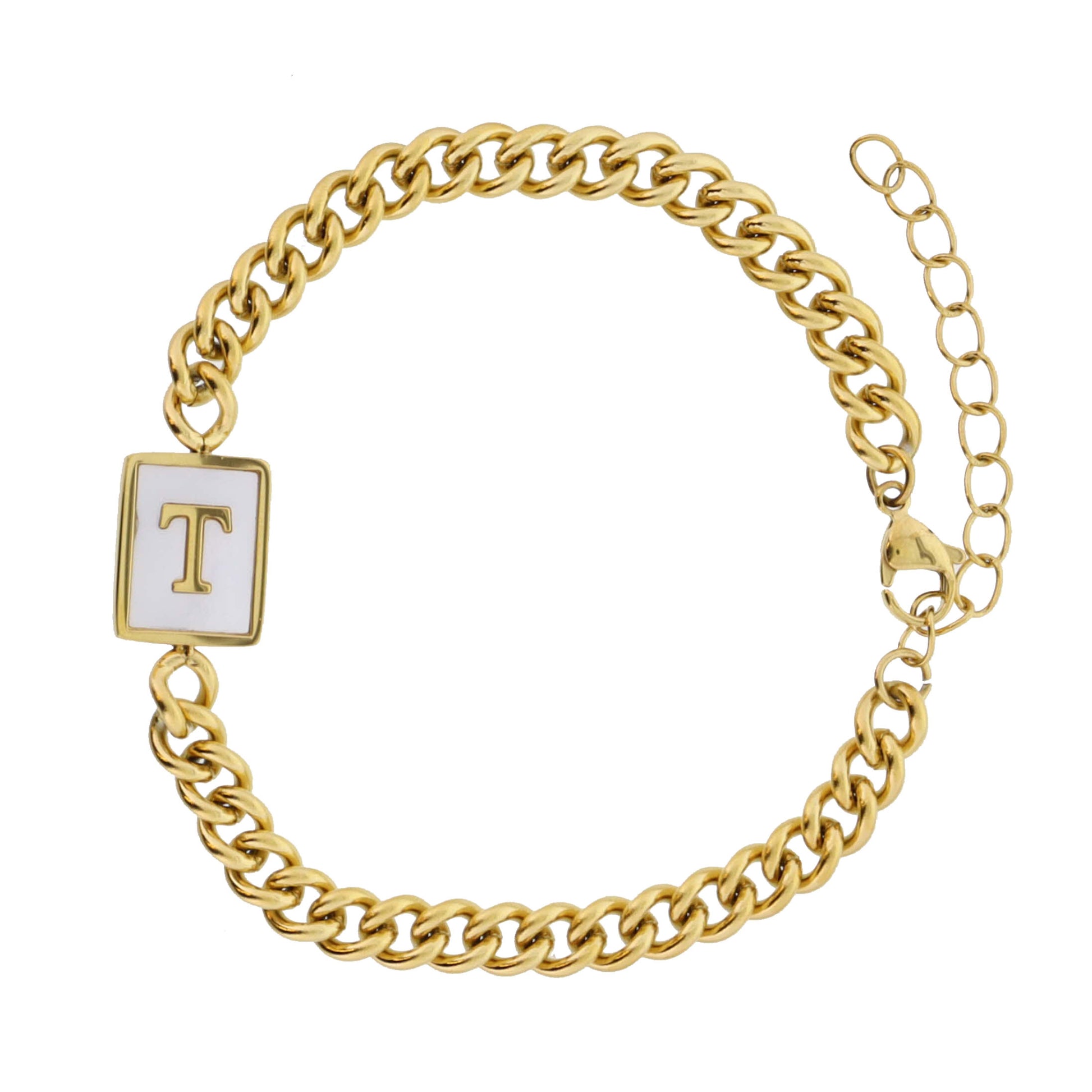 Gold Rectangle with Shell Inlay and Gold "T" Initial Center Bracelet